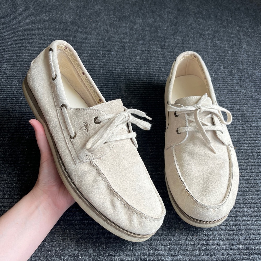 Margaritaville South Shore Boat Shoes Mens 14 Cream Suede Good Palm Tree Preppy